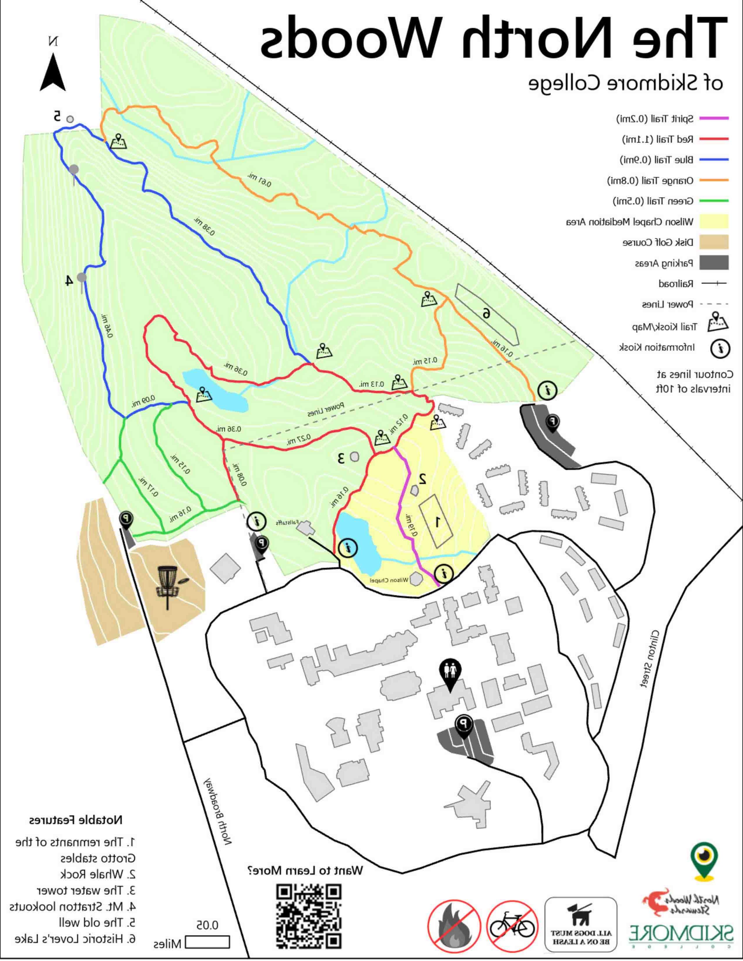 Image includes land area in green highligh, frisbee golf in light yelllow. The 3 miles of trail include a purple section, green, blue, orange, and red sections.